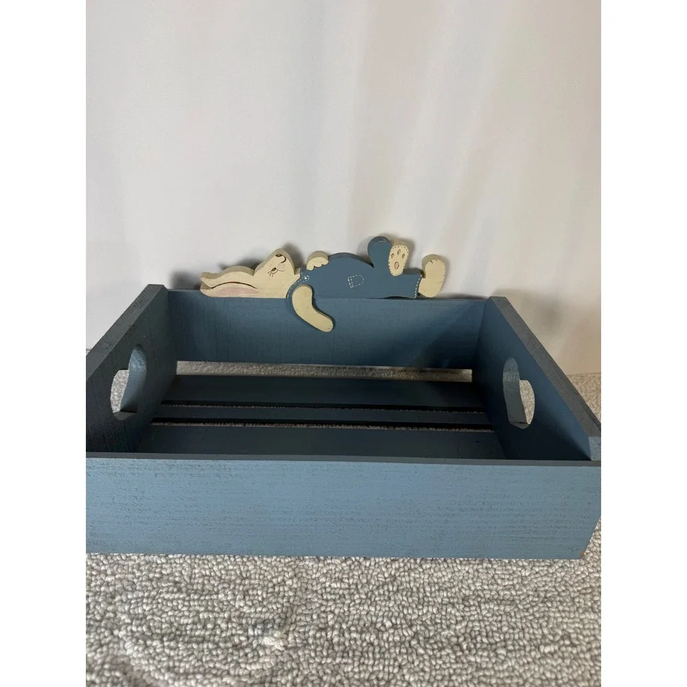 Blue Wooden Crate Heart Cutouts Bunny‎  Rustic Farmhouse Storage Organizer